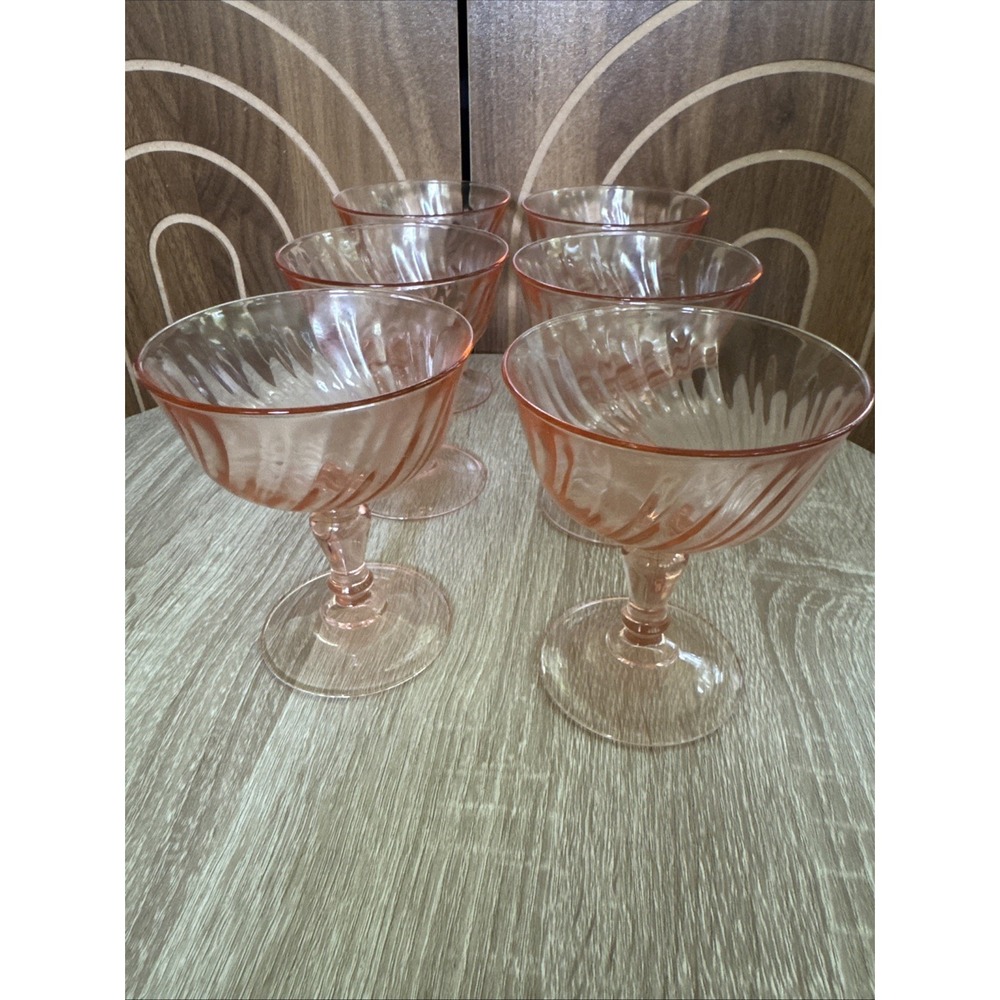 6 Vintage Arcoroc Rosaline Pink Swirl Glass Pedestal Bowls Sherbet France